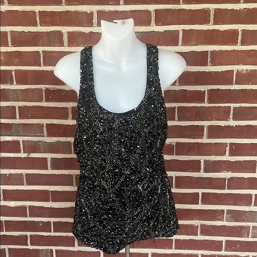 ALL SAINTS Hand Embellished Black Beaded Blouse Shirt Top Racerback Sz M